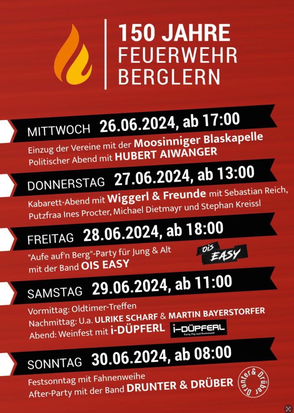 Flyer zum Jubiläum 150 Jahre Feuerwehr Berglern mit dem Programm