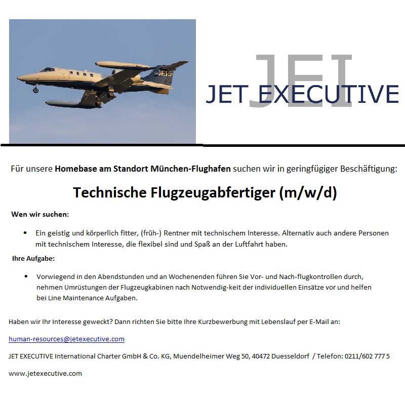 <a href="https://www.jetexecutive.com/job-blog/2021/11/23/technische-flugzeugabfertiger-mwd-minijob" target="_blank">Zur detaillierten Stellenausschreibung bei JET EXECUTIVE</a>